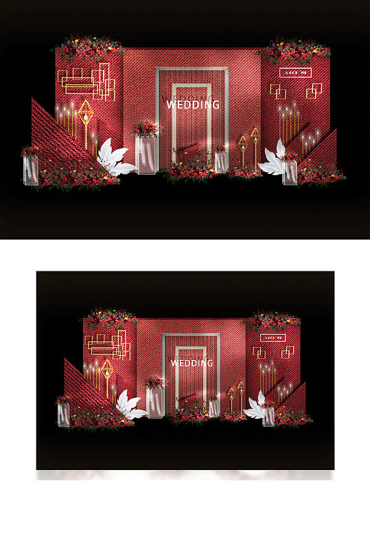 中式大气婚礼效果图红色迎宾合影区背景板-众图网