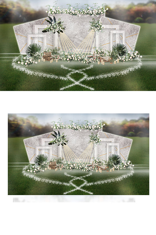 户外草坪绿植纹理背景镂空拱门婚礼效果图