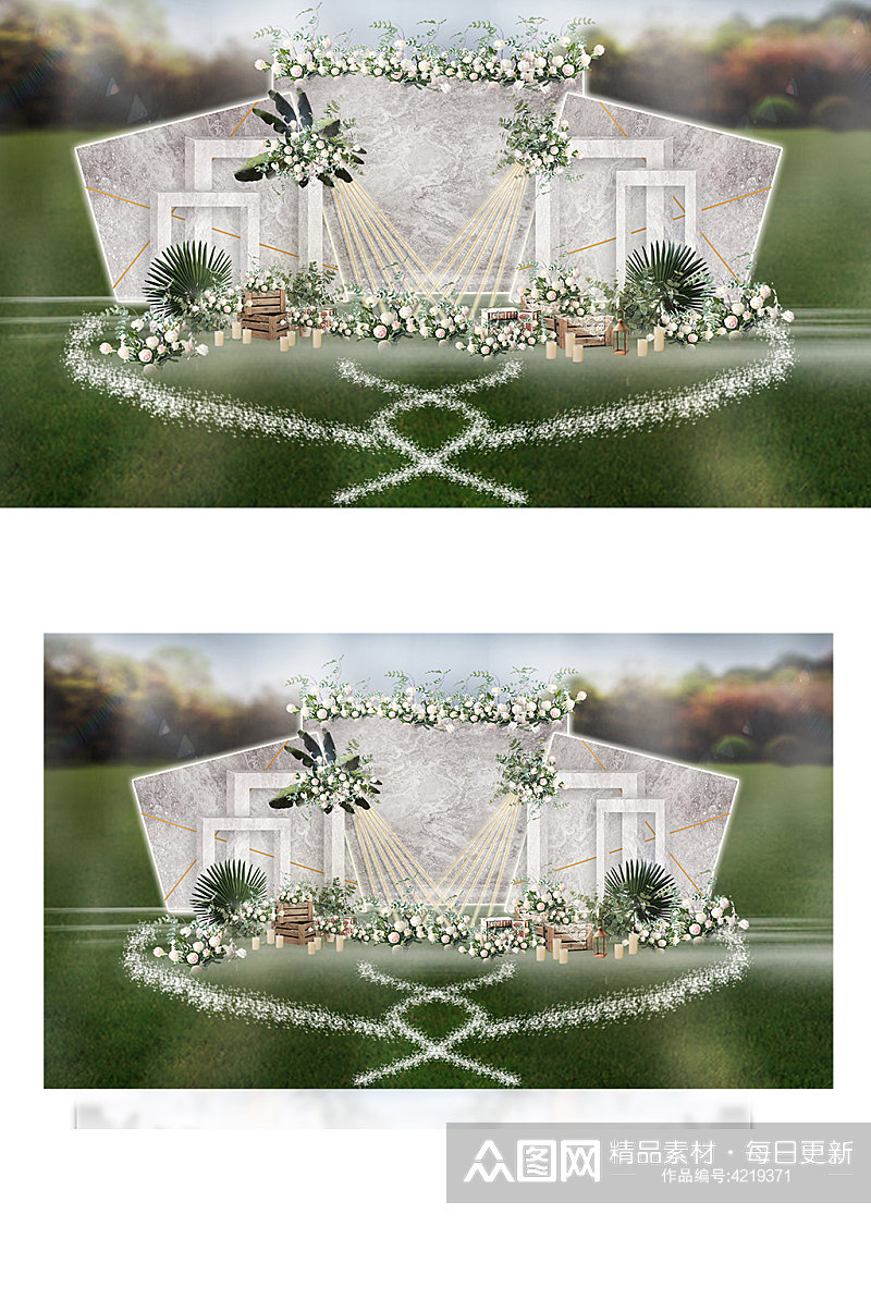 户外草坪绿植纹理背景镂空拱门婚礼效果图素材