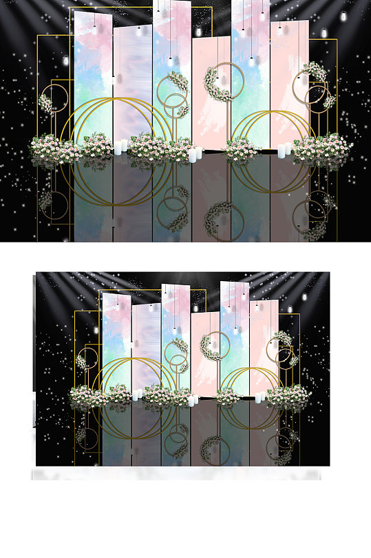 水彩婚礼迎宾区效果图渐变合影背景板-众图网