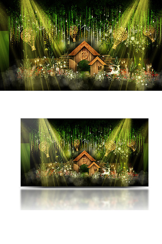 森系小清新婚礼效果图木屋吊顶花艺绿色-众图网