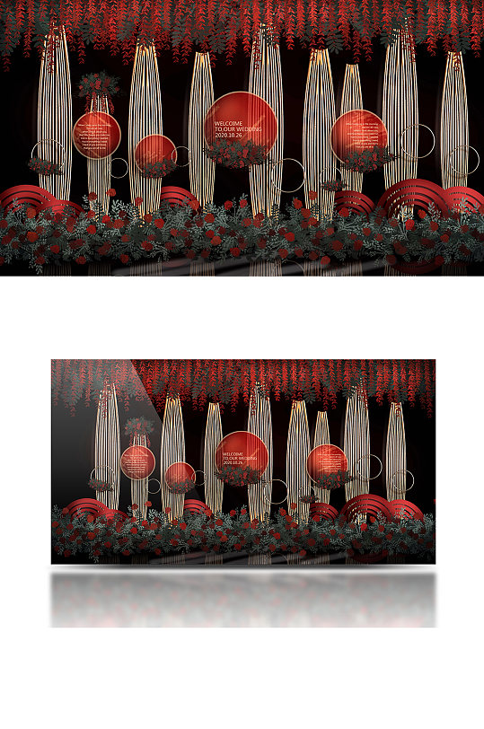 红色简约婚礼效果图psd浪漫迎宾背景板-众图网