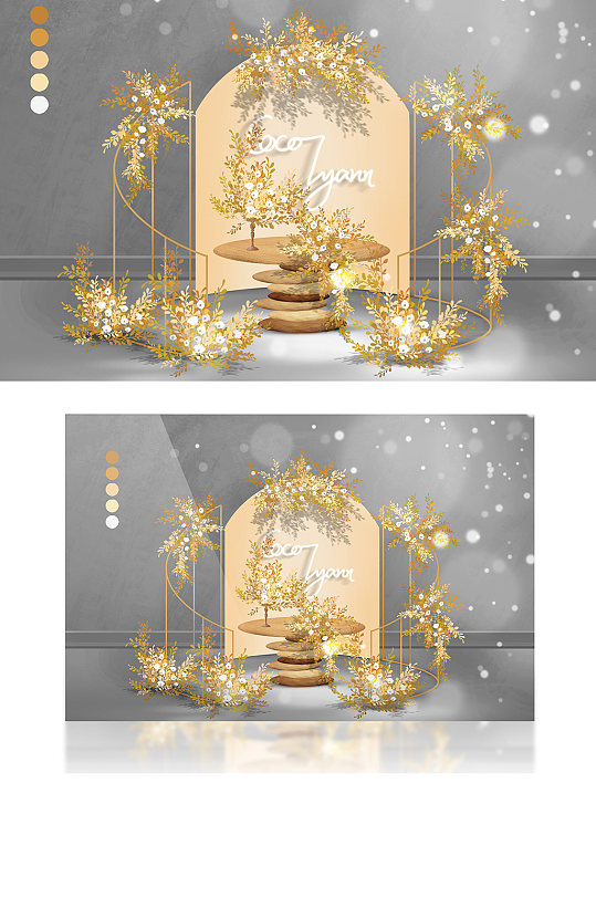 香槟色金色铁艺小众婚礼效果图合影区签到区-众图网