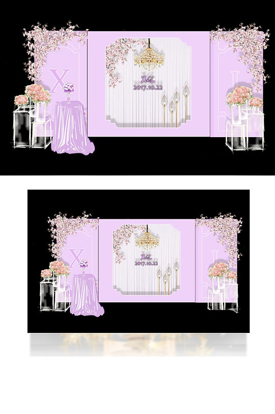 室内设计粉紫色婚礼迎宾区效果图背景板-众图网
