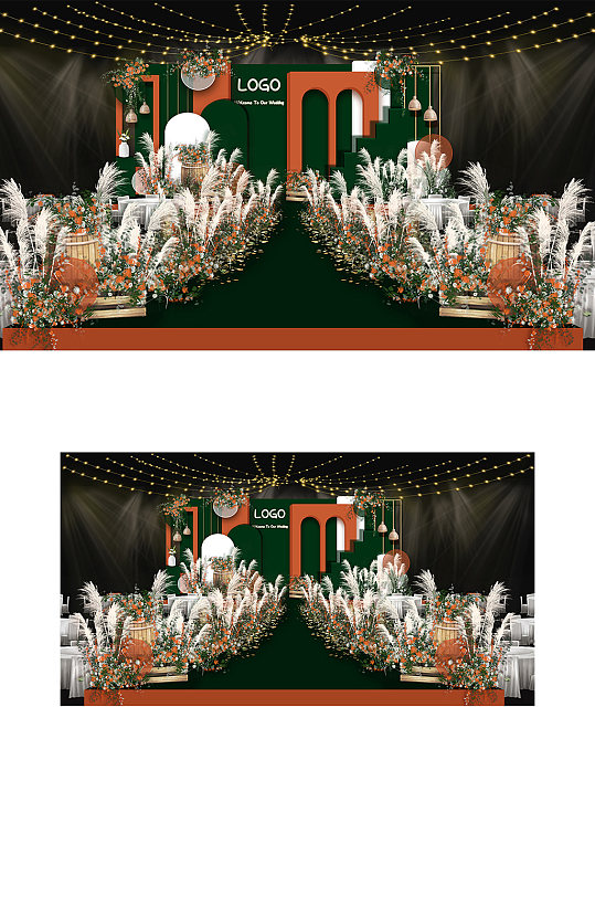 原创墨绿色橙色简约撞色婚礼厅内舞台-众图网