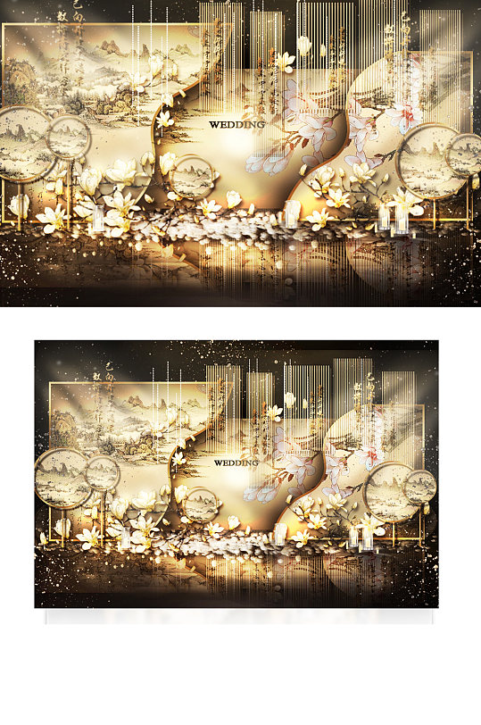 新中式婚礼合影区效果图中国风轻奢香槟色-众图网