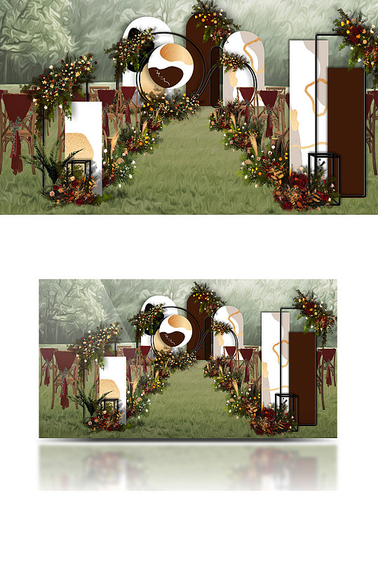 原创简约红金色复古户外婚礼效果图草坪-众图网