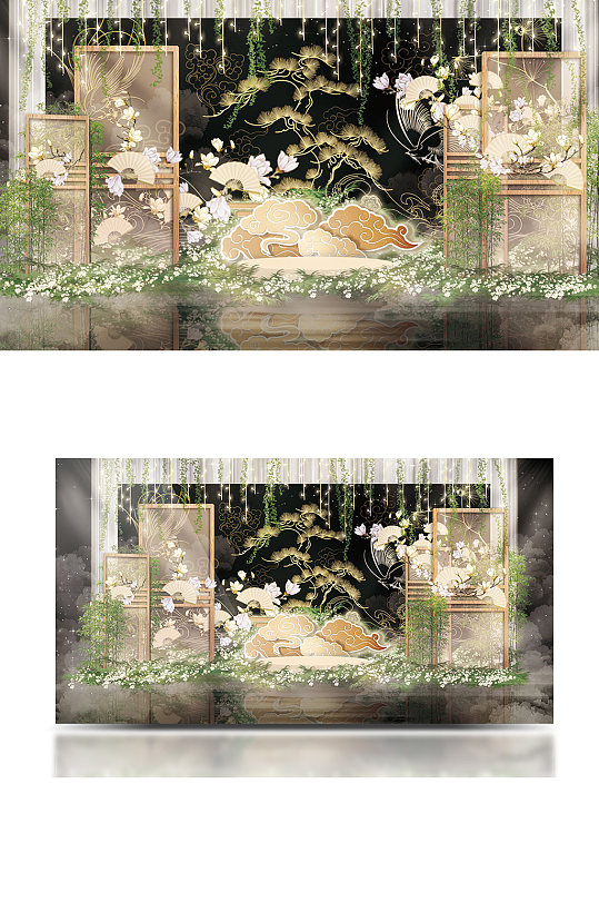 新中式黑金大气婚礼迎宾工装效果图淡雅-众图网