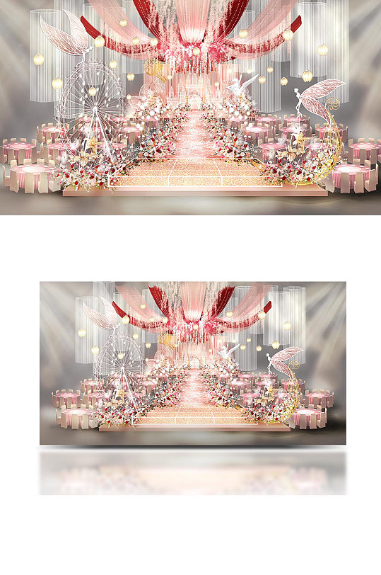原创粉色城堡婚礼效果图舞台唯美清新-众图网