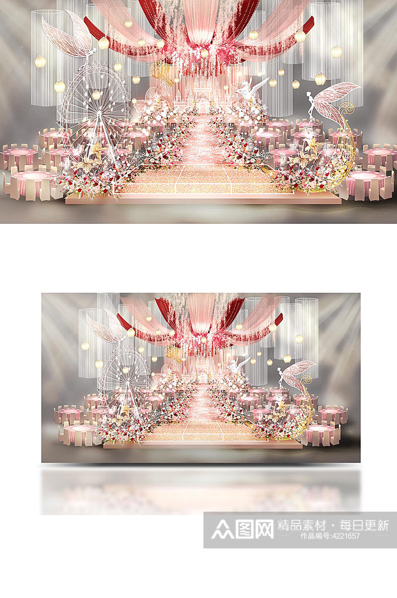 原创粉色城堡婚礼效果图舞台唯美清新素材