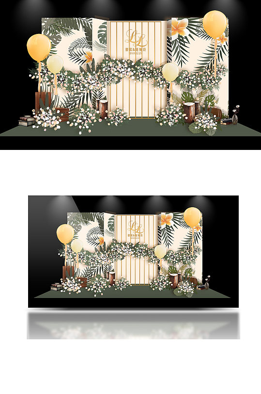 香槟色清新主题迎宾婚礼花束背景板合影区-众图网