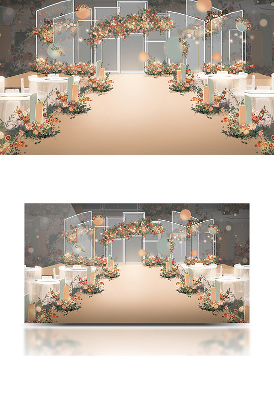 橙色室内婚礼手绘梦幻舞台唯美浪漫-众图网