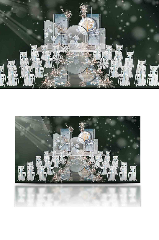 原创蓝色新中式户外婚礼舞台简约梦幻浪漫-众图网