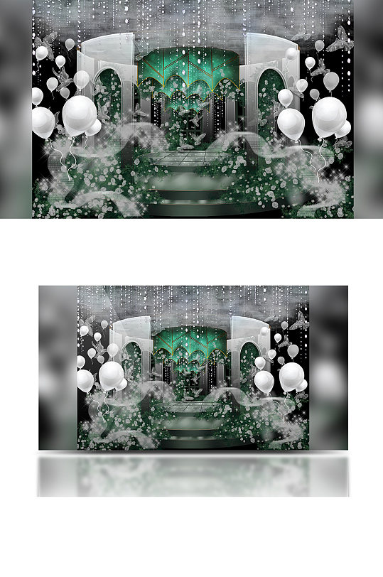 简约白绿色森系婚礼合影区效果图舞台背景板-众图网