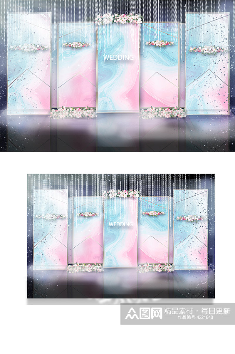 粉蓝渲染色婚礼效果图清新唯美浪漫背景板素材