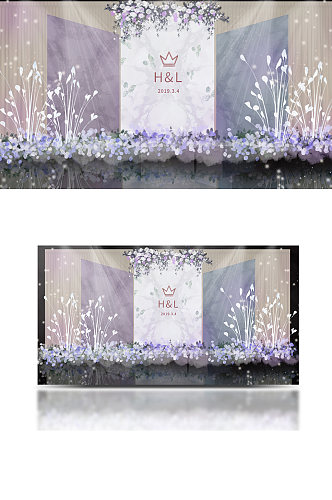 紫色唯美婚礼效果图合影迎宾区背景板