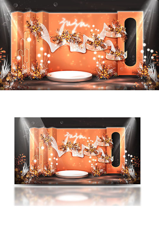 橙色婚礼复古香槟色婚礼迎宾区合影区效果图-众图网