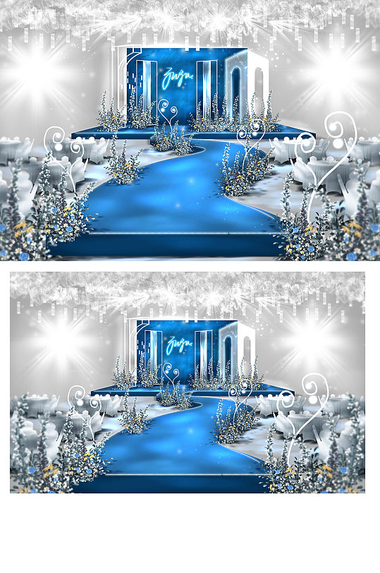 原创字体蓝色亮片吊顶婚礼效果图舞台浪漫-众图网