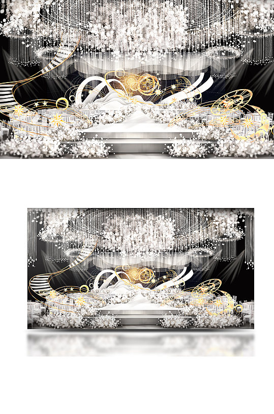 原创清新粉白舞台梦幻甜品婚礼合影效果图-众图网