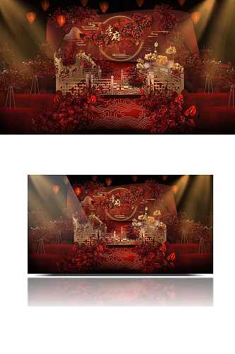 红色欧式婚礼效果图舞台中国风金色大气