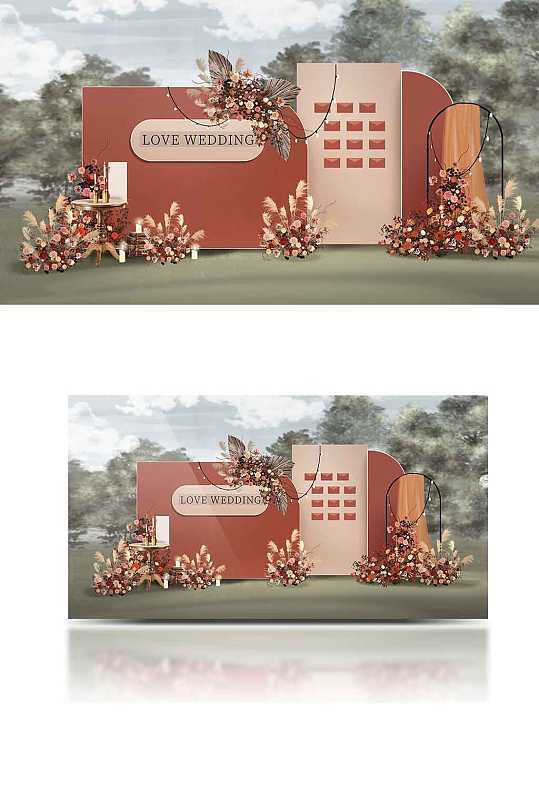 红色秋系户外婚礼效果图浪漫草坪温馨-众图网