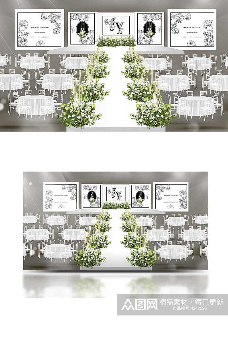 小香风厅内白绿色婚礼效果图浪漫清新简约素材