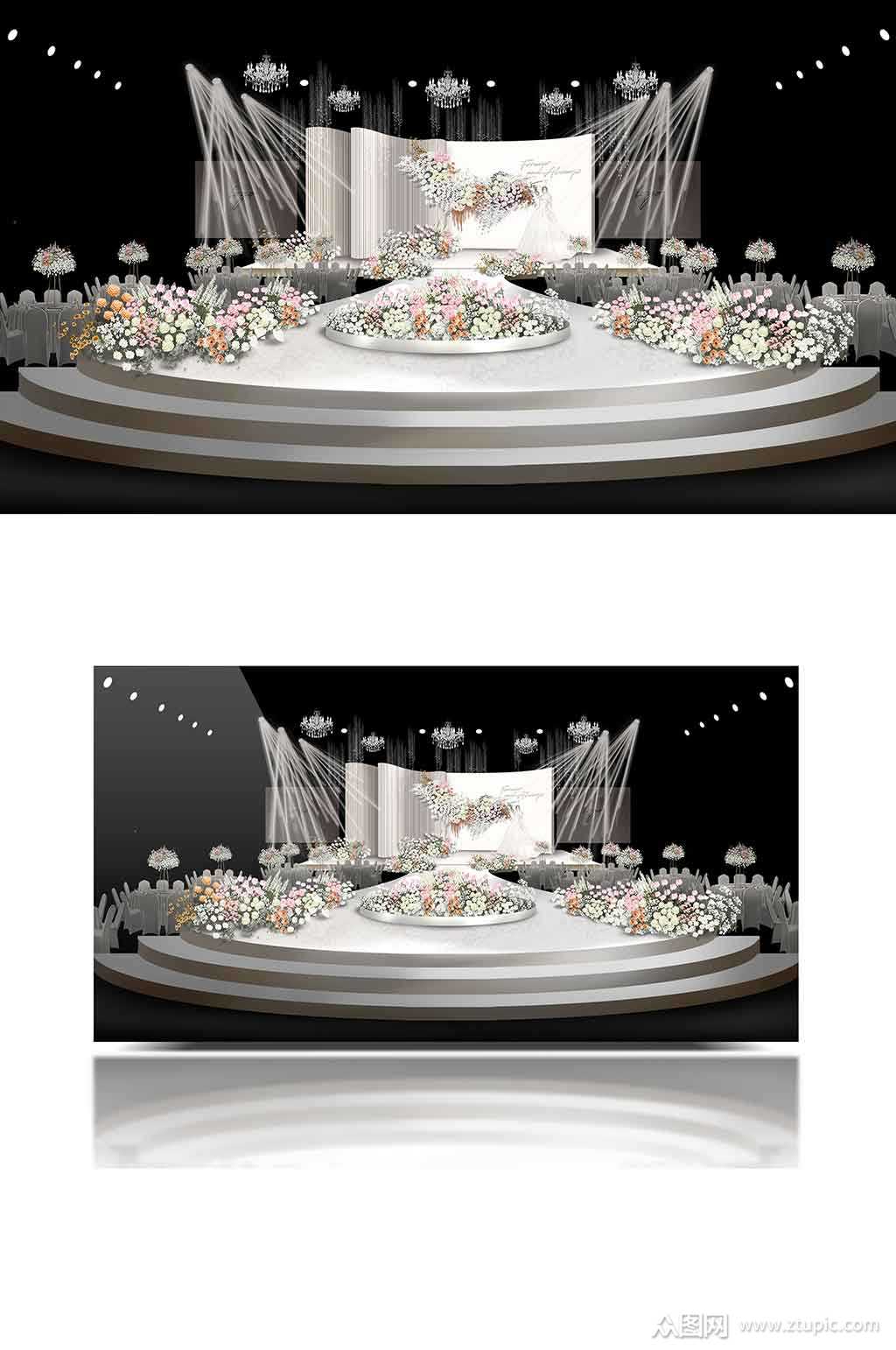 秋色暖色韩式婚礼效果图舞台圆形白色素材