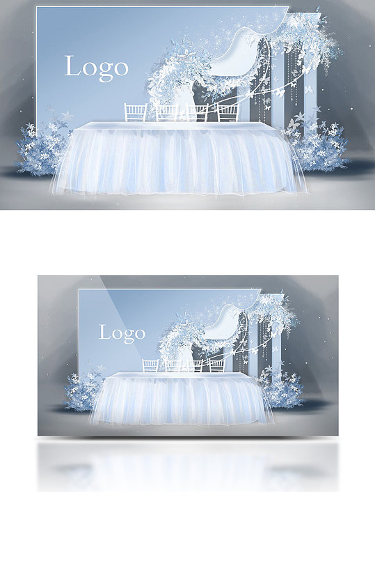 浅蓝色唯美清新婚礼舞台效果图签到区-众图网