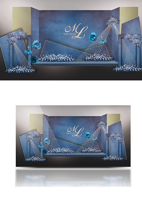 蓝色简约舞台效果图浪漫迎宾合影区背景板-众图网