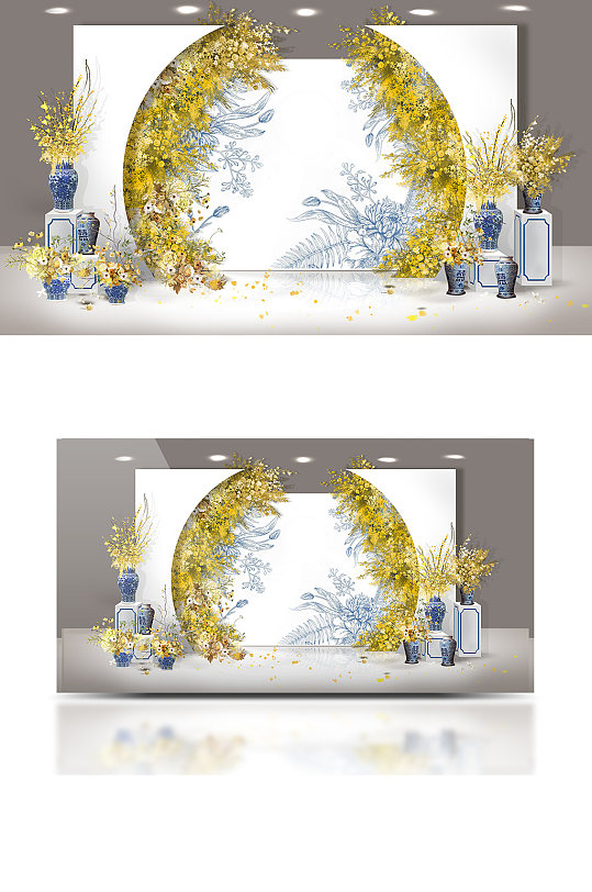 原创青花瓷新中式手绘婚礼效果图白金背景板-众图网