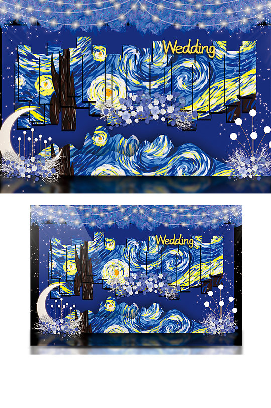 蓝色梵高星空主题婚礼效果图创意艺术背景板-众图网