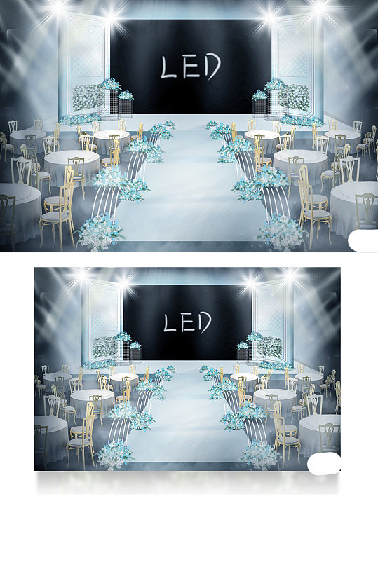 蓝白系婚礼高清手绘效果图舞台浪漫梦幻-众图网
