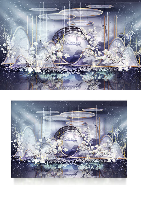 新中式婚礼合影区效果图中国风梦幻蓝紫色-众图网