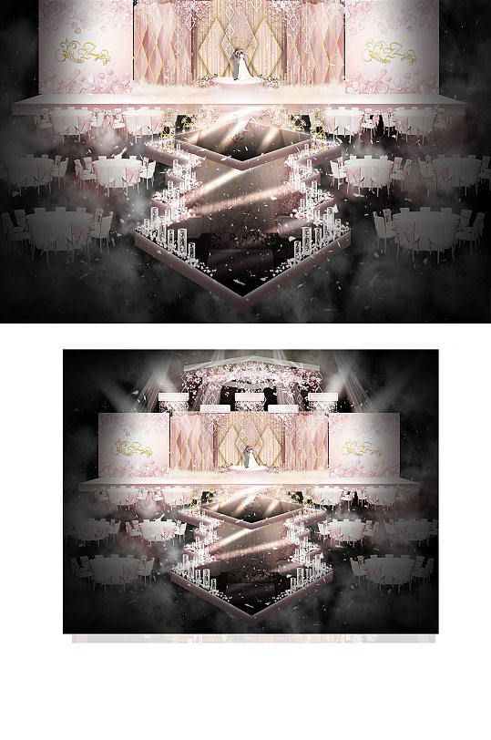 粉香槟色现代几何风婚礼效果图舞台吊顶-众图网