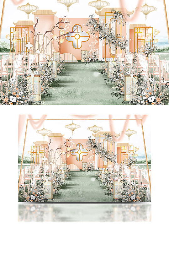 浅橙色清新小众江南风户外婚礼效果图草坪-众图网