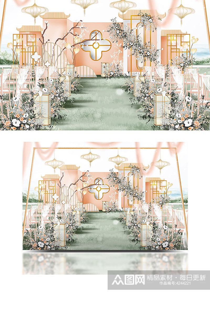 浅橙色清新小众江南风户外婚礼效果图草坪素材