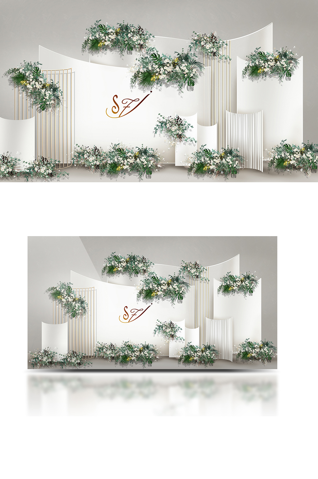 白绿色婚礼效果图合影迎宾背景板浪漫清新素材