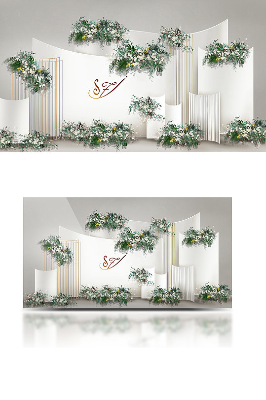 白绿色婚礼效果图合影迎宾背景板浪漫清新-众图网