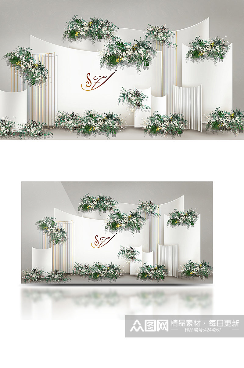 白绿色婚礼效果图合影迎宾背景板浪漫清新素材