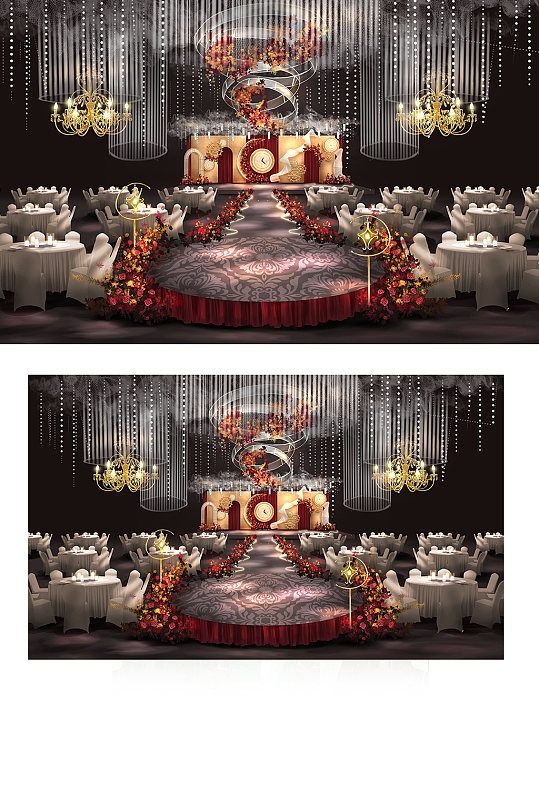 原创红金复古欧式宫廷婚礼效果图舞台浪漫-众图网