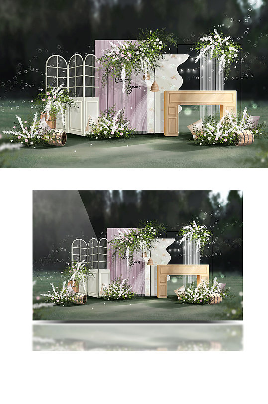 小清新白绿粉色轻复古田园风户外婚礼效果图-众图网