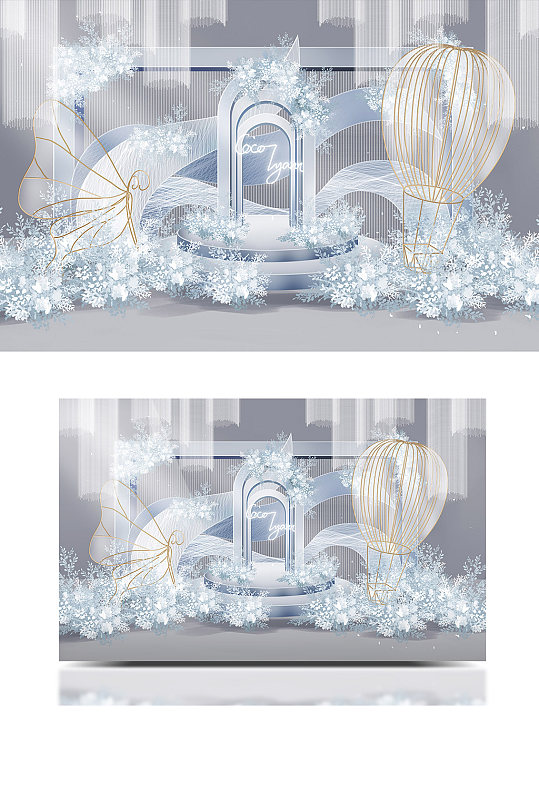 唯美梦幻雾霾蓝热气球翅膀线帘婚礼效果图-众图网