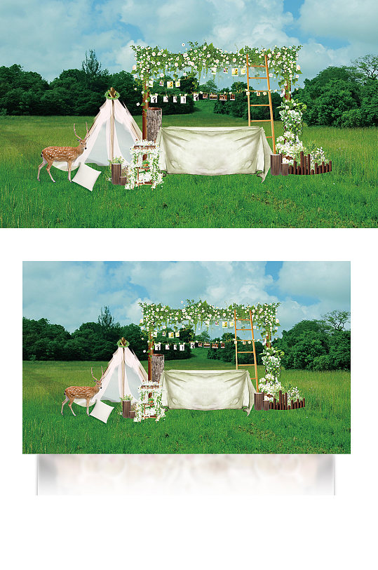 清新白绿户外森系婚礼迎宾签到台甜品区草坪-众图网