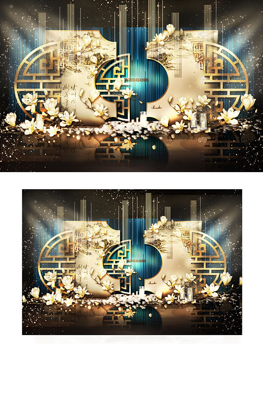 新中式婚礼合影区效果图浪漫温馨中国风金色-众图网