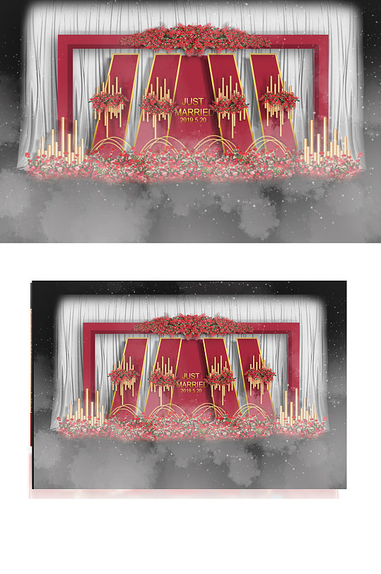 红色金属风迎宾区婚礼效果图大气背景板-众图网