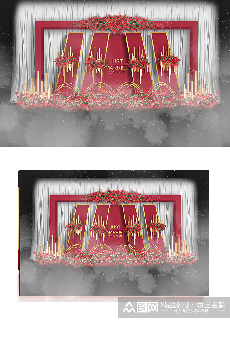 红色金属风迎宾区婚礼效果图大气背景板素材