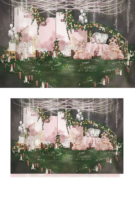 简约大气梅晕染婚礼迎宾工装效果图粉色-众图网