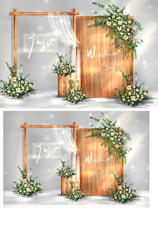 原创字体木纹田园风婚礼迎宾区效果图浪漫-众图网