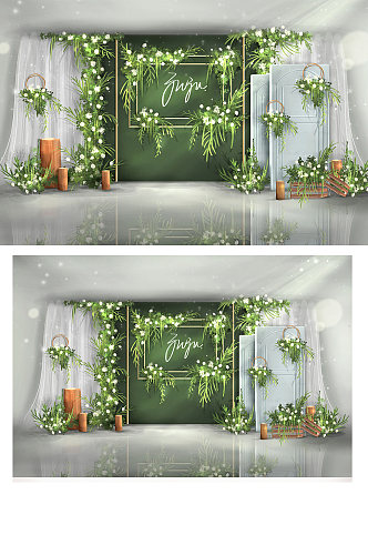 原创字体小清新森系婚礼迎宾区效果图背景板