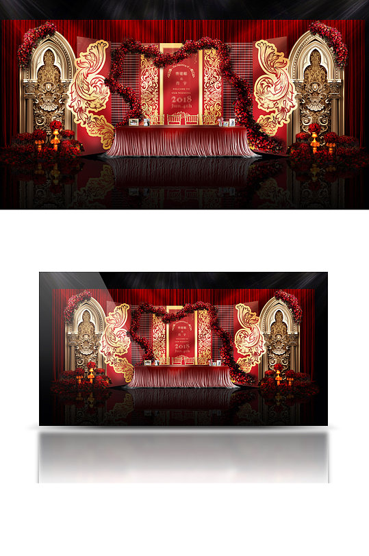 欧式婚礼迎宾区效果图红色背景板签到合影区-众图网